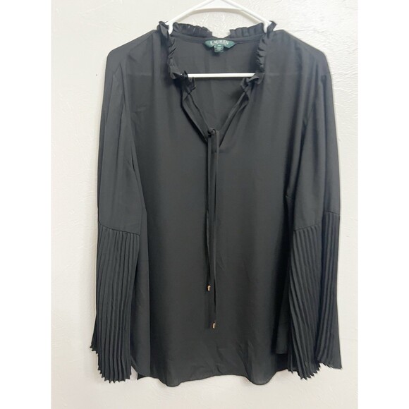 Lauren Ralph Lauren Black Top 2X Pleated Drape Stretch Minimalist Balloon Sleeve - Picture 2 of 7
